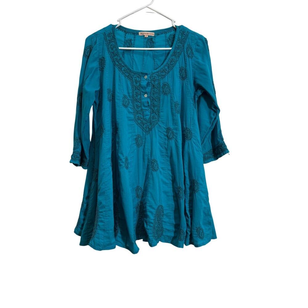 True Craft Women Small Embroidery Scoop Neckline 3/4 Sleeve Tunic Boho Chic